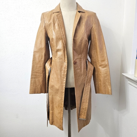 Express Y2K Crinkle Leather Belted Camel Coat Size 1/2 - Picture 16 of 16